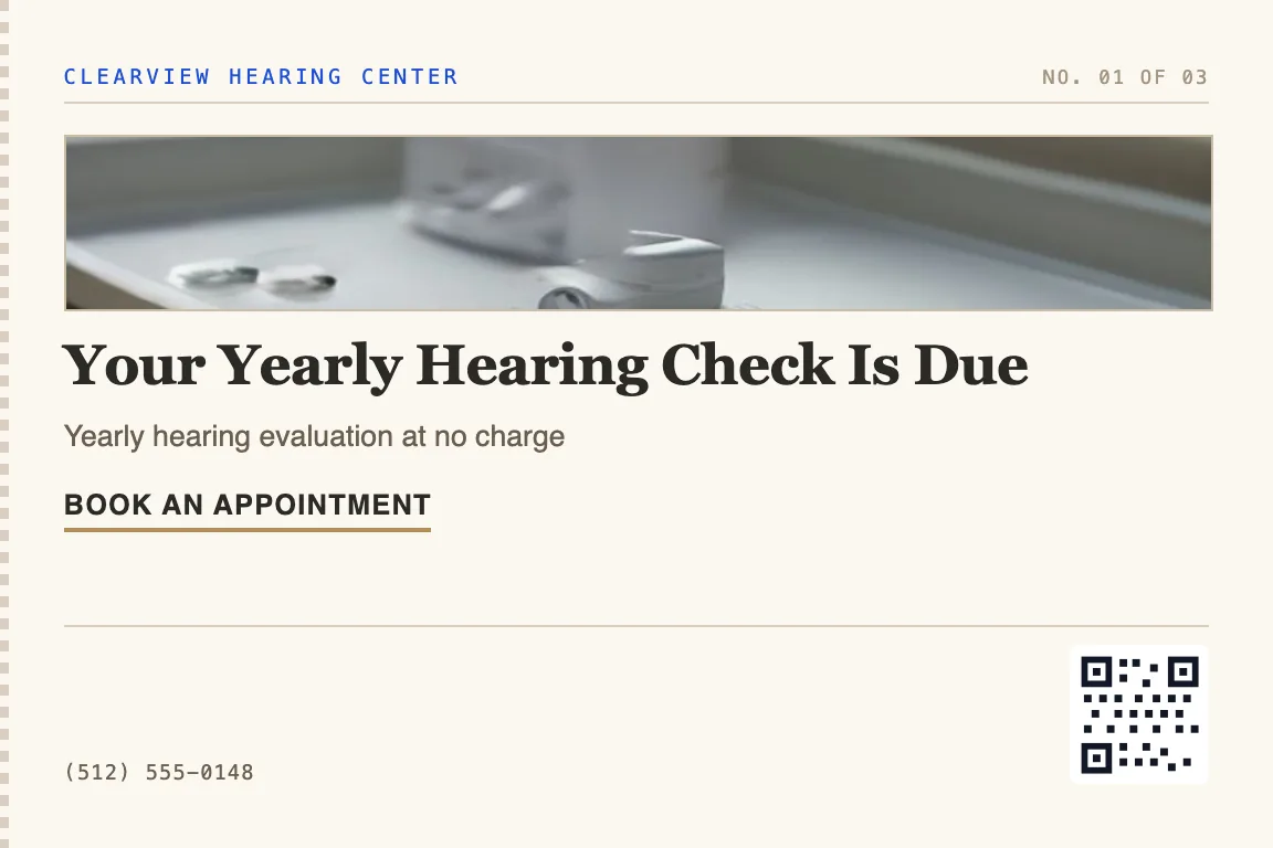 audiology postcard for patients due for hearing tests or hearing-aid follow-ups and tune-ups