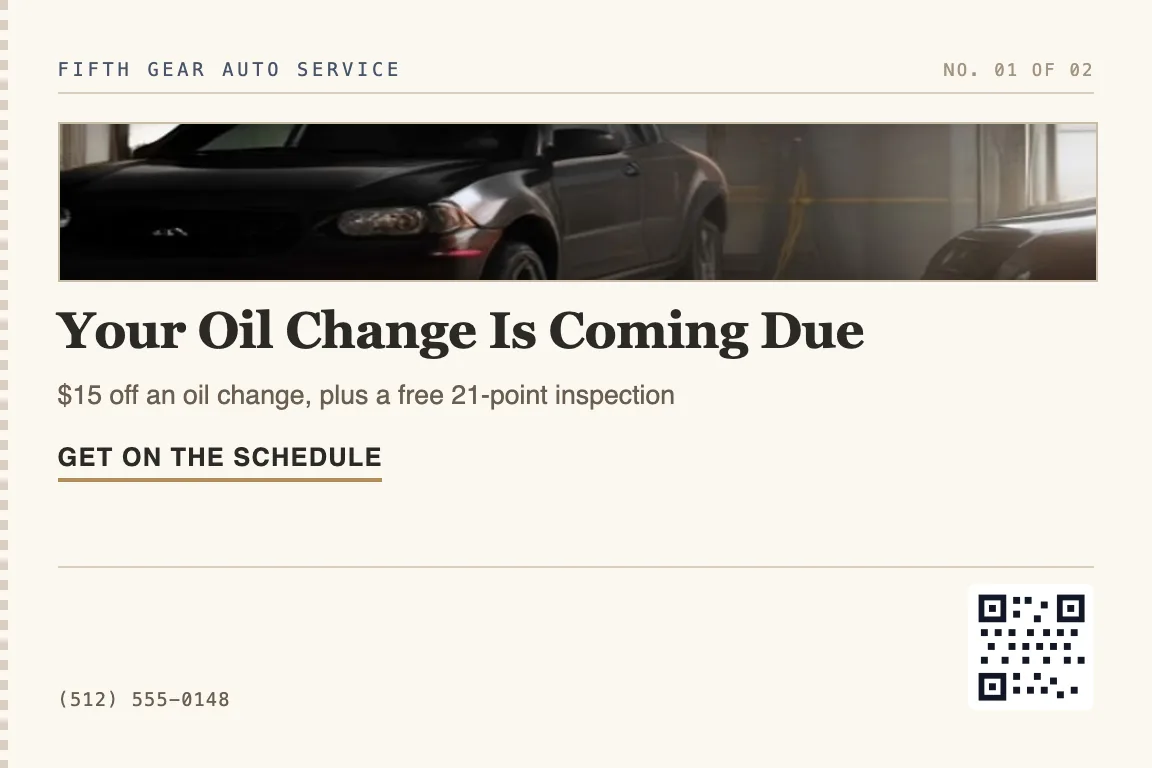 auto repair postcard for past customers due for their next oil change or scheduled service