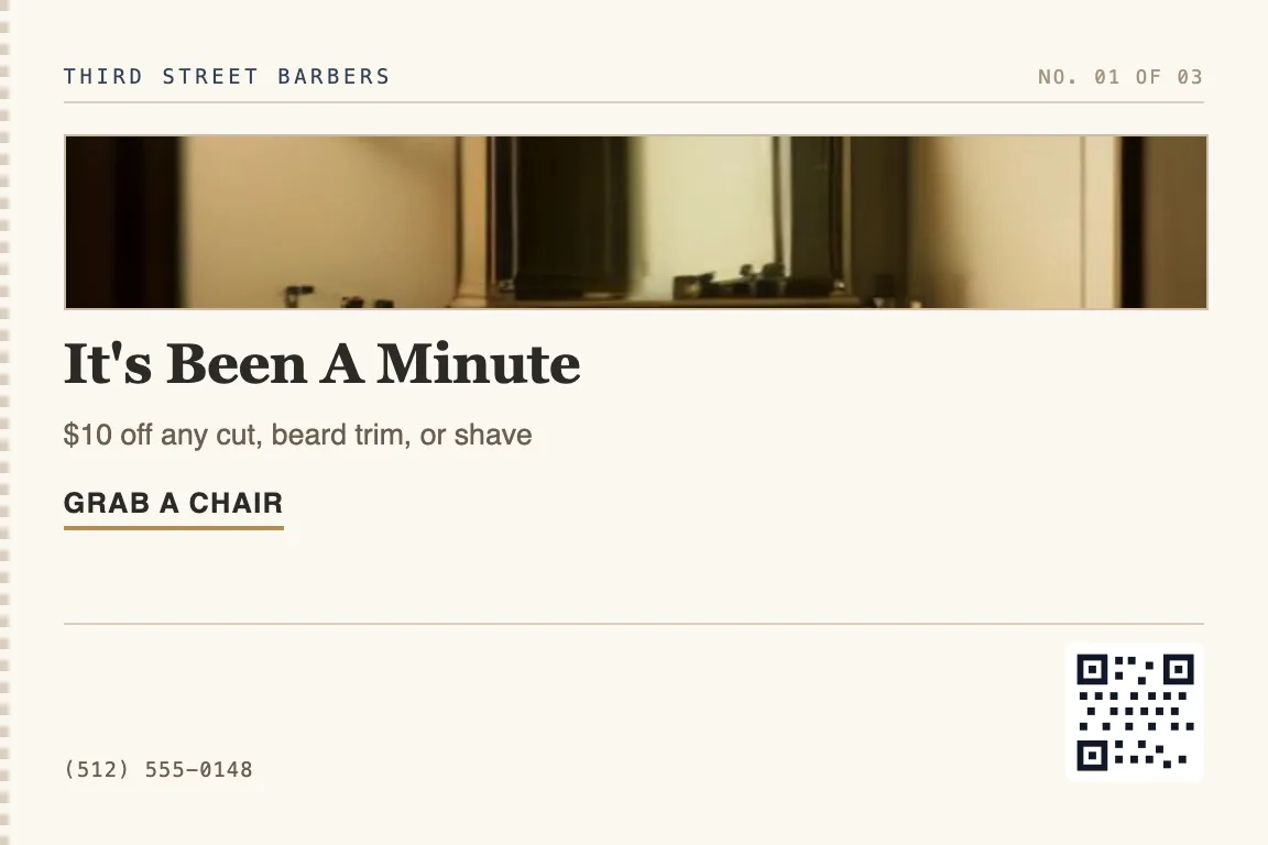 barbershop postcard for regulars due for their next cut and new clients in the neighborhood