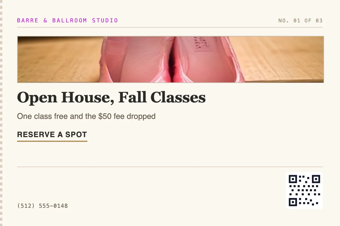 dance studios postcard for families who didn't re-enroll for the next session