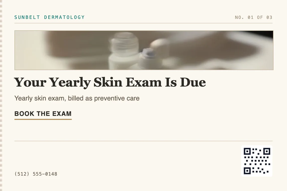 dermatology postcard for patients due for annual skin checks and those who haven't been seen in over a year