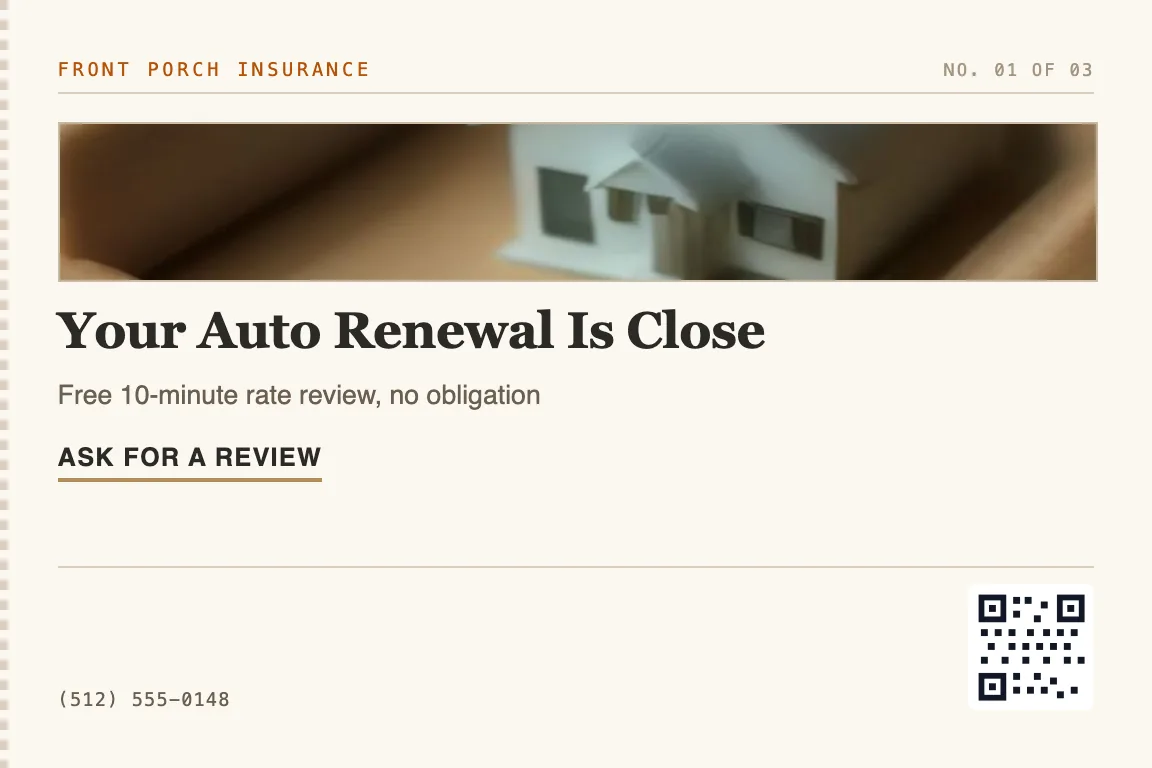 insurance postcard for renewal-window households and neighborhood homeowners ready to shop rates or bundle policies