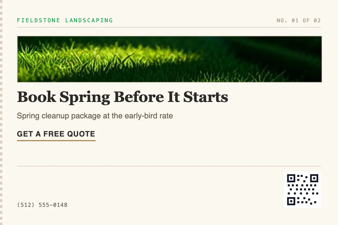 landscaping postcard for neighborhood homeowners and past clients looking for seasonal cleanups and lawn care