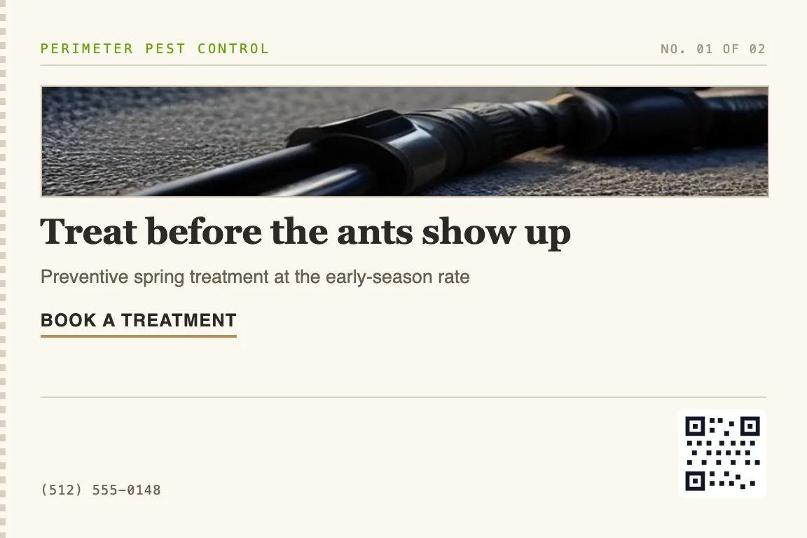 pest control postcard for past customers and neighborhood homeowners due for seasonal or recurring pest treatment