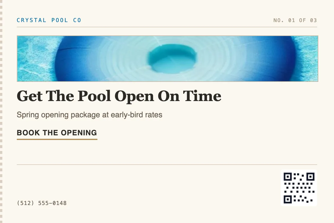pool services postcard for pool owners due to open, close, or resign