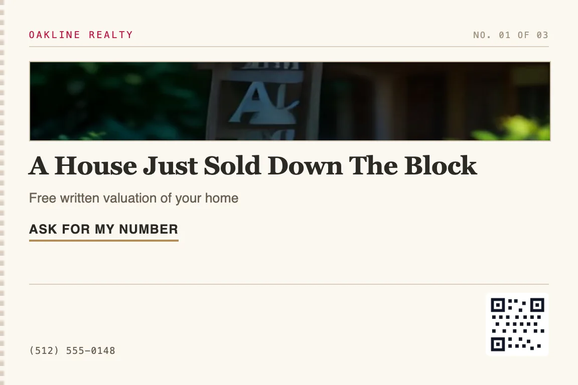real estate postcard for farm-area homeowners ready for just-listed alerts, just-sold proof, or a free home valuation