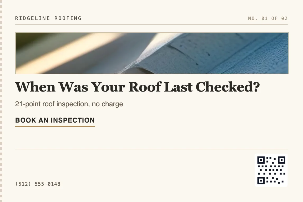 roofing postcard for storm-affected neighborhoods and homeowners with aging roofs due for a free inspection