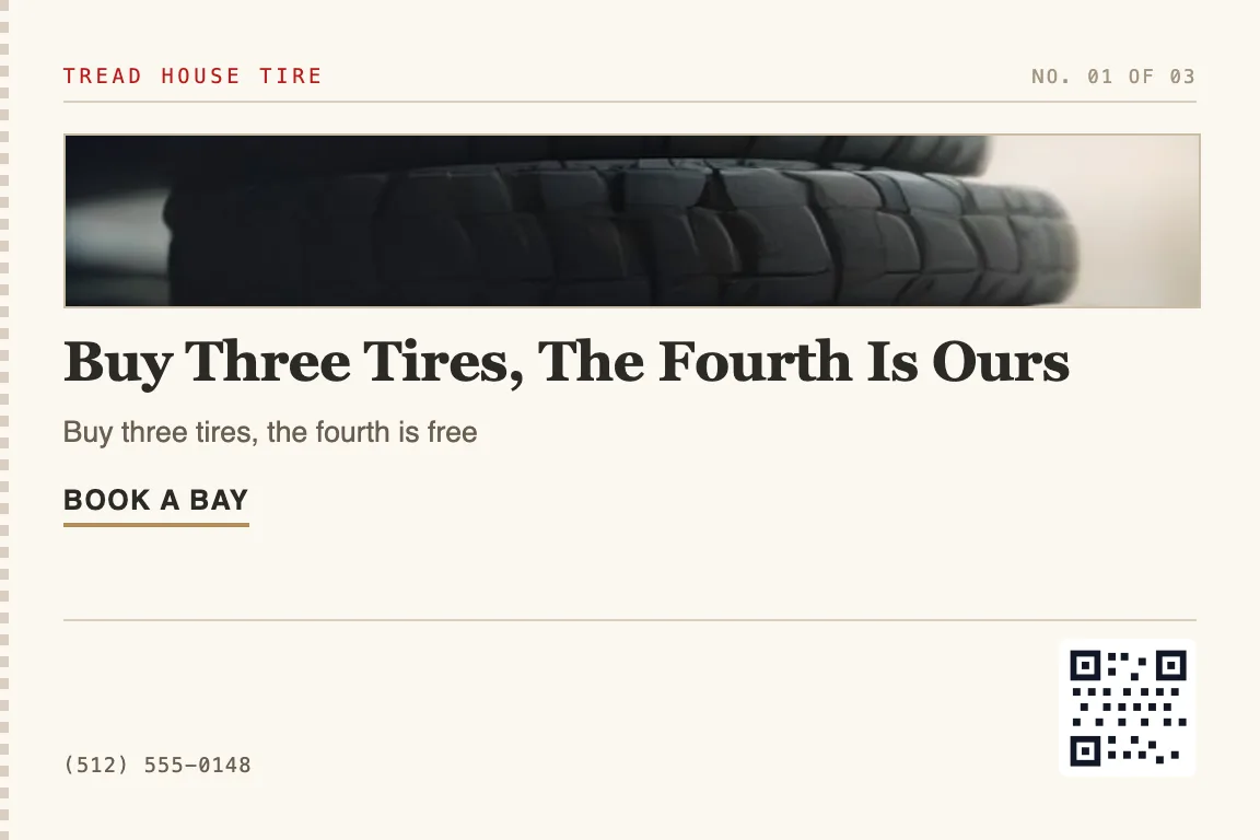 tire shop postcard for drivers due for new tires or a seasonal swap