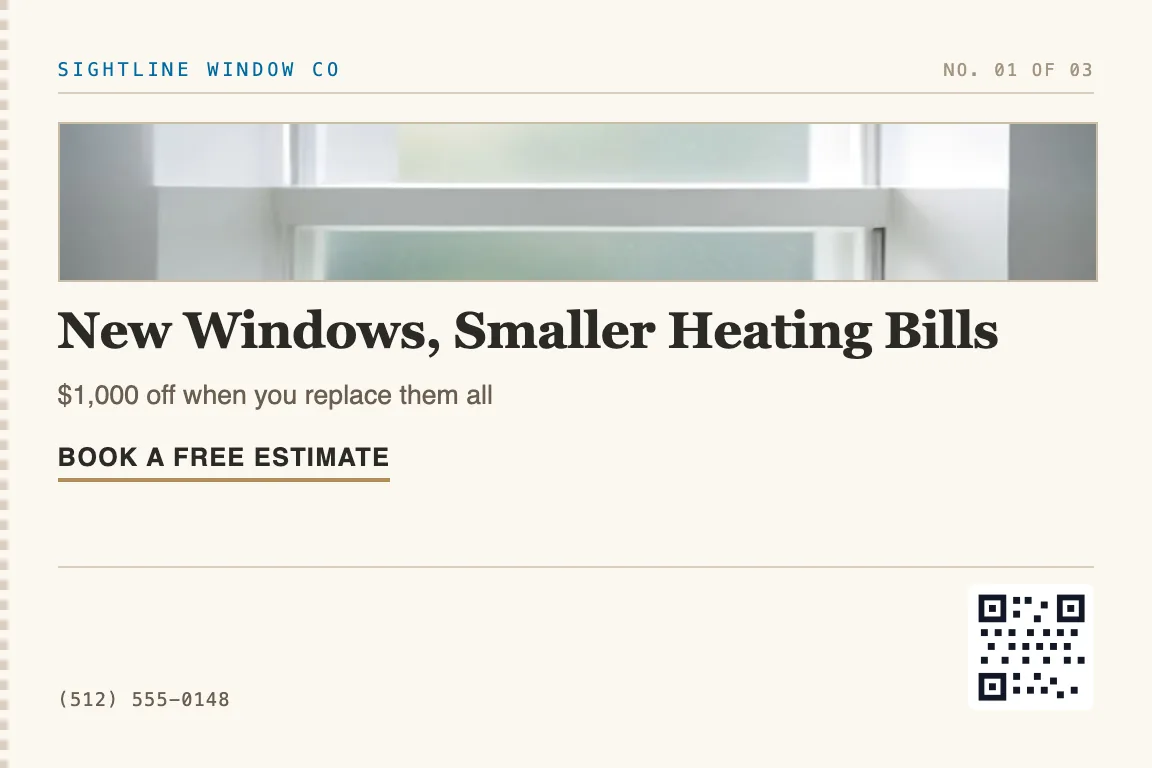 window replacement postcard for homeowners with aging, drafty windows